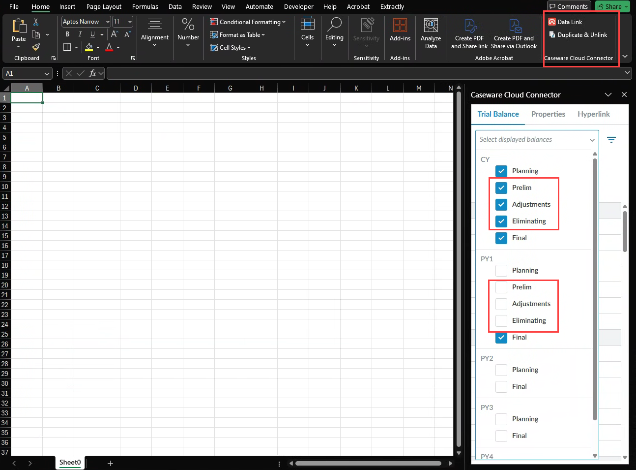 the user interface in the MS Excel add-on for accessing Caseware balance types.