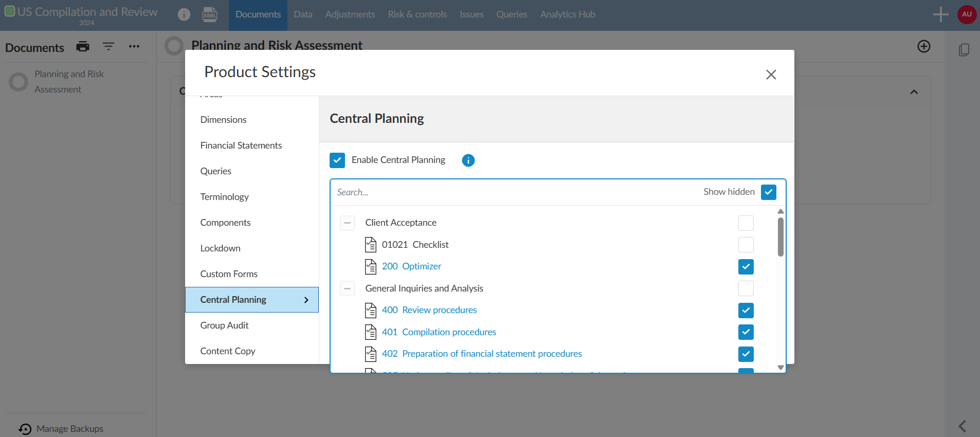 The user interface for enabling central planning from the Product settings.
